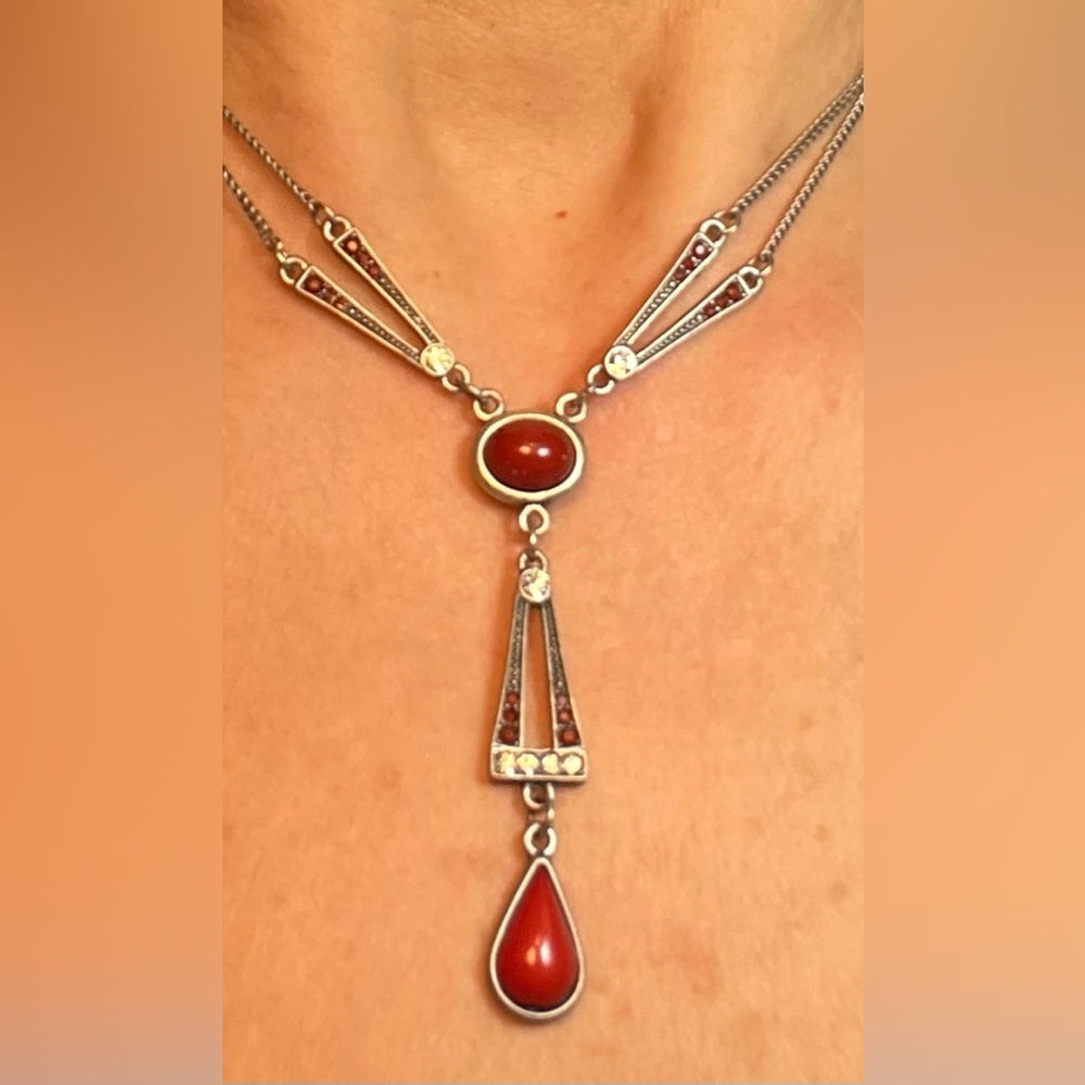Lia Sophia Red Jasper Rhinestone Silver Tone Art Deco 1920's Style Drop Necklace